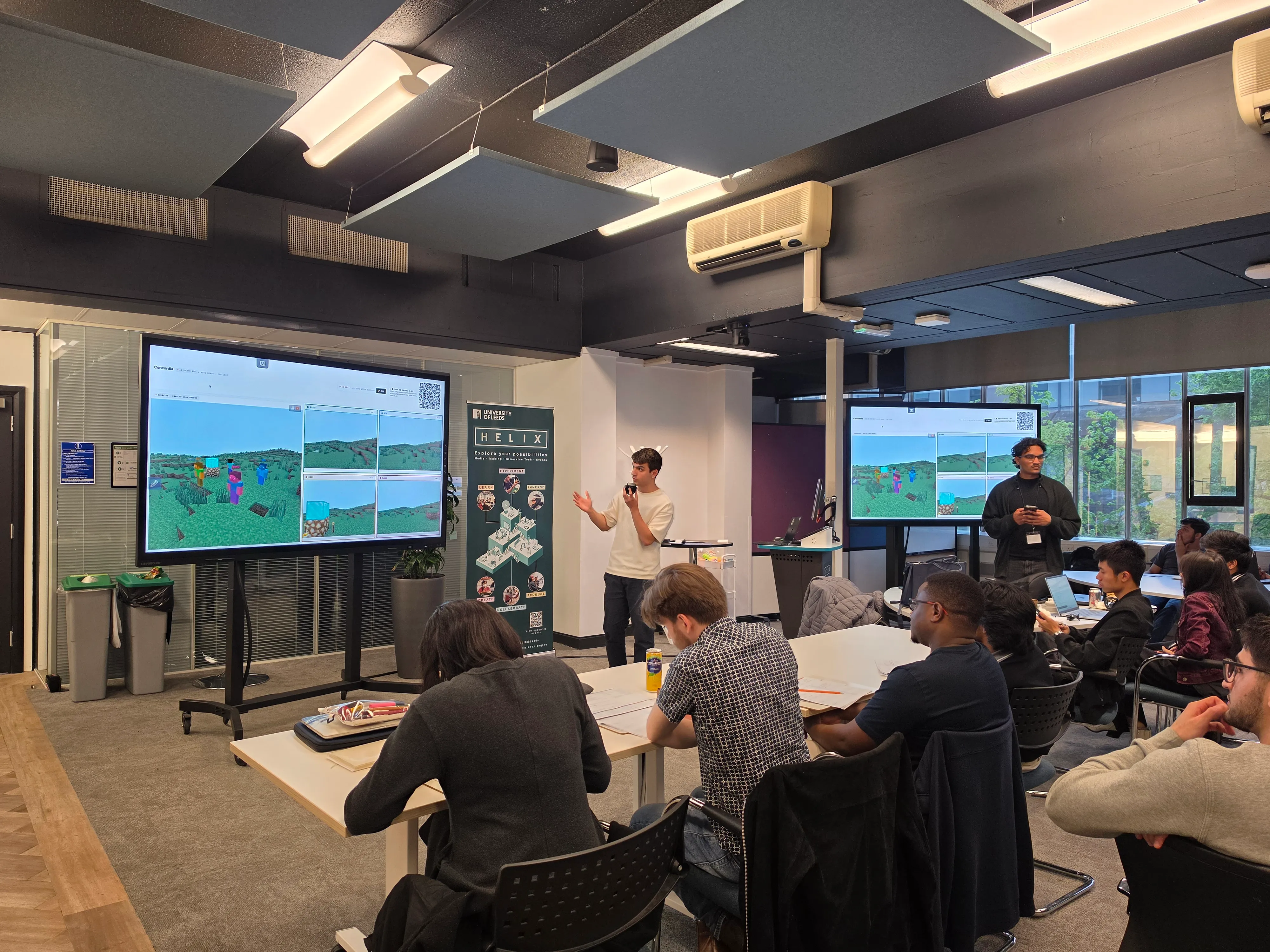 A participant presenting their project to the judges and attendees
