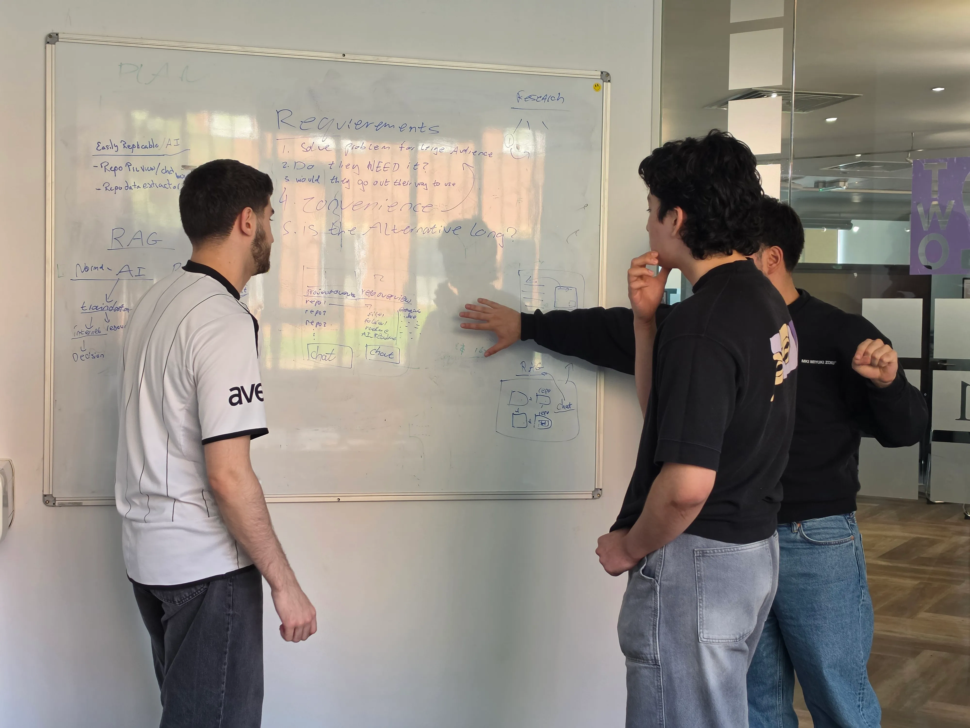 A team outlining their project's technical architecture on a whiteboard